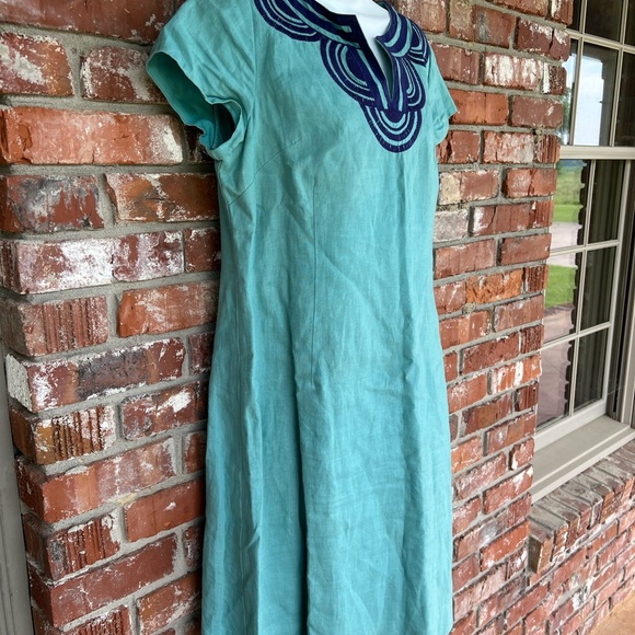Boden teal Midi linen dress with Blue accents size 8 - Picture 4 of 8